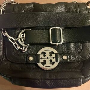 Tory Burch Black Leather Crossbody Purse Adjustable Chain Link Strap, imperfect